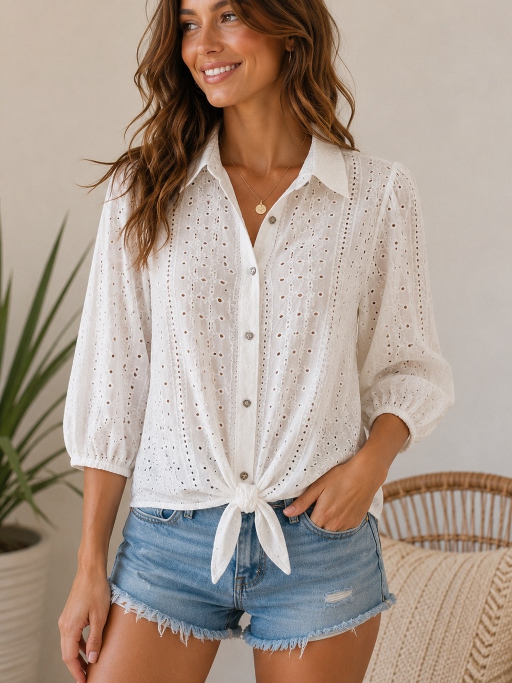 Frank Lyman Design White Eyelet Button Down Shirt